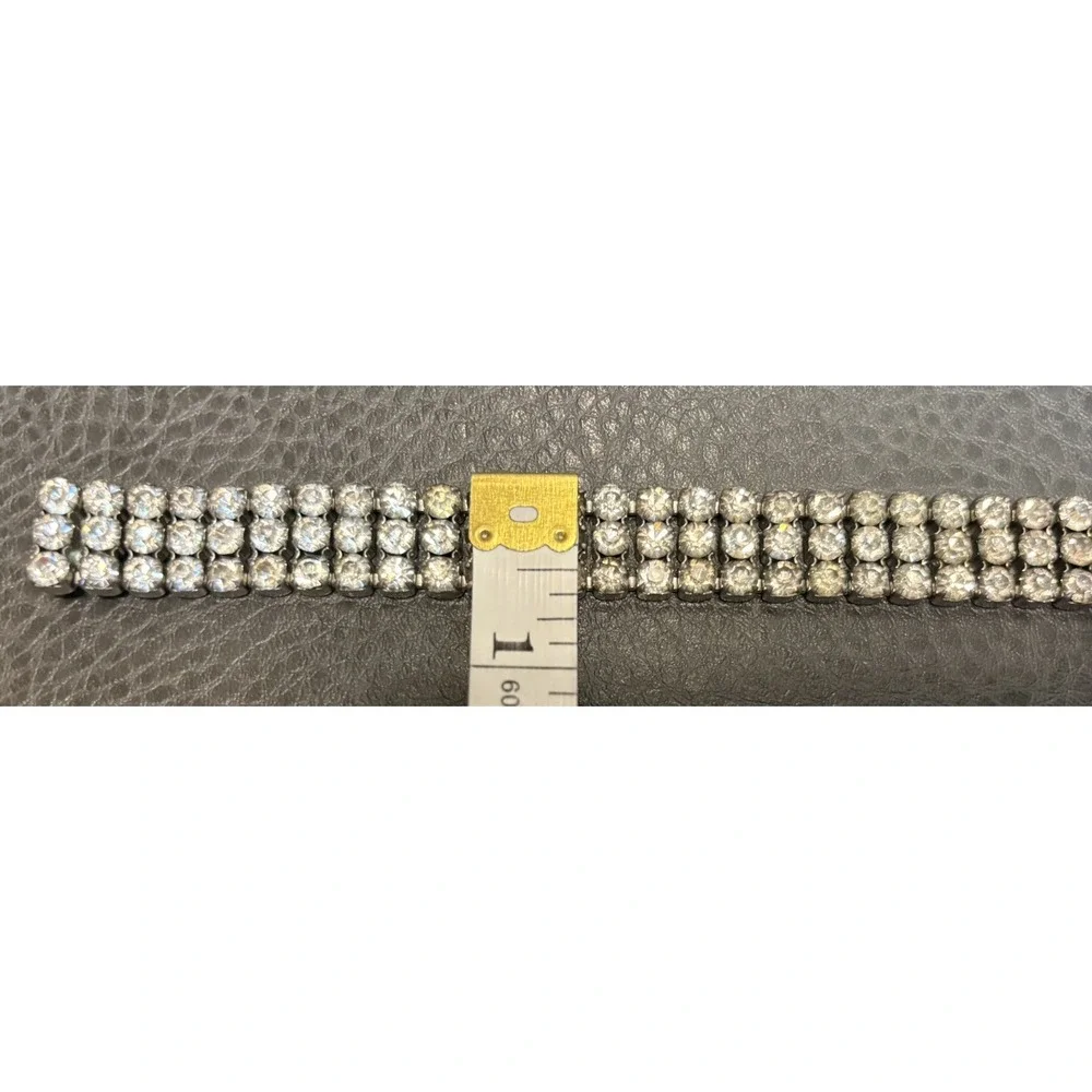 VTG Rhinestone Bracelet Silver Tone 3 Rows Art Deco - MCM Era Sparkly